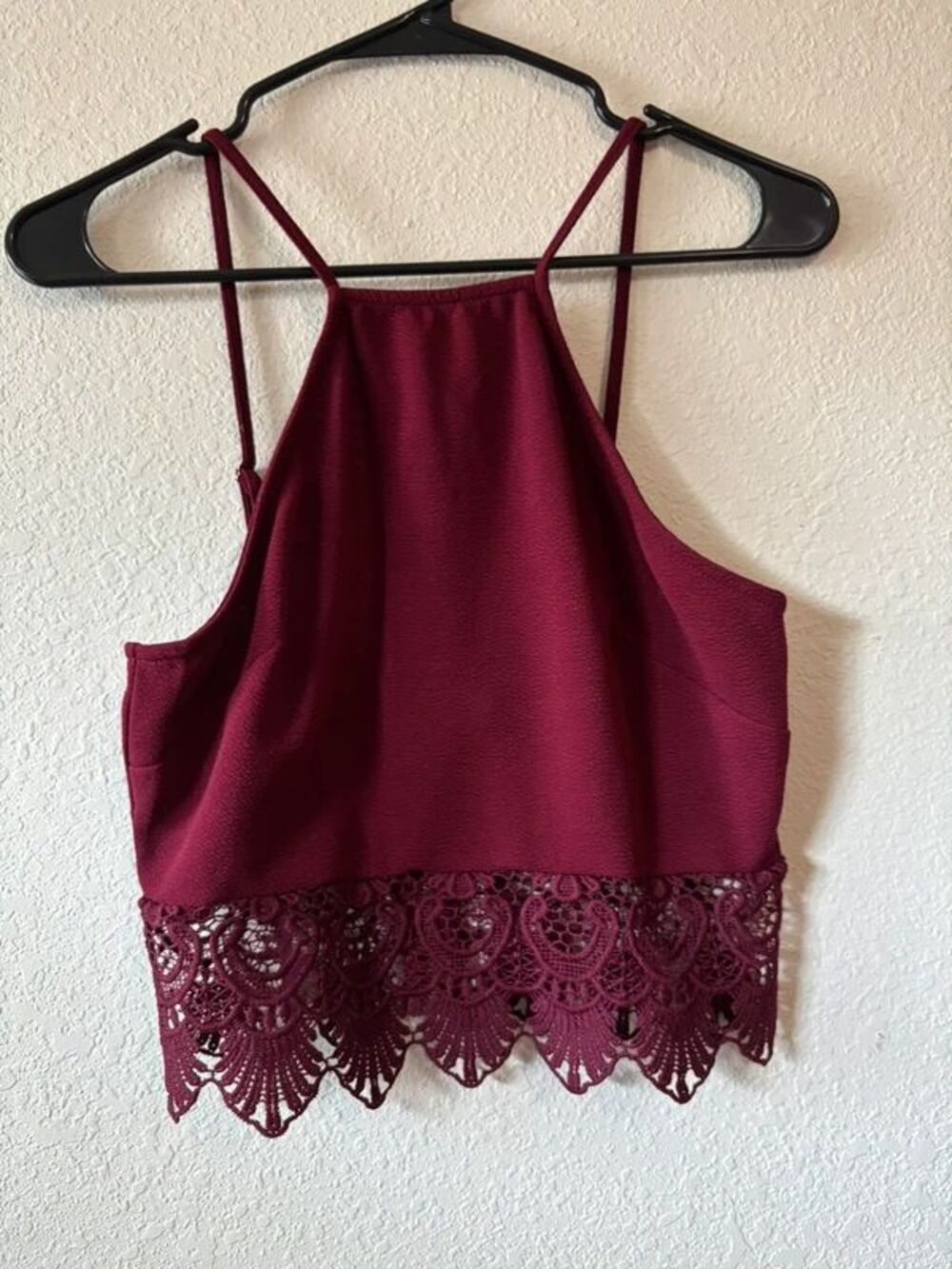 Burgundy Lace Hem Crop Top High Neck Strappy Cami Boho Festival Y2K Chic Tank